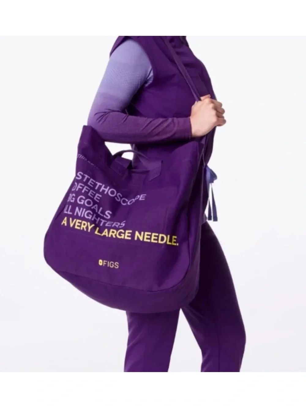 Figs Purple Tote with Yellow Very Large Needle Slogan